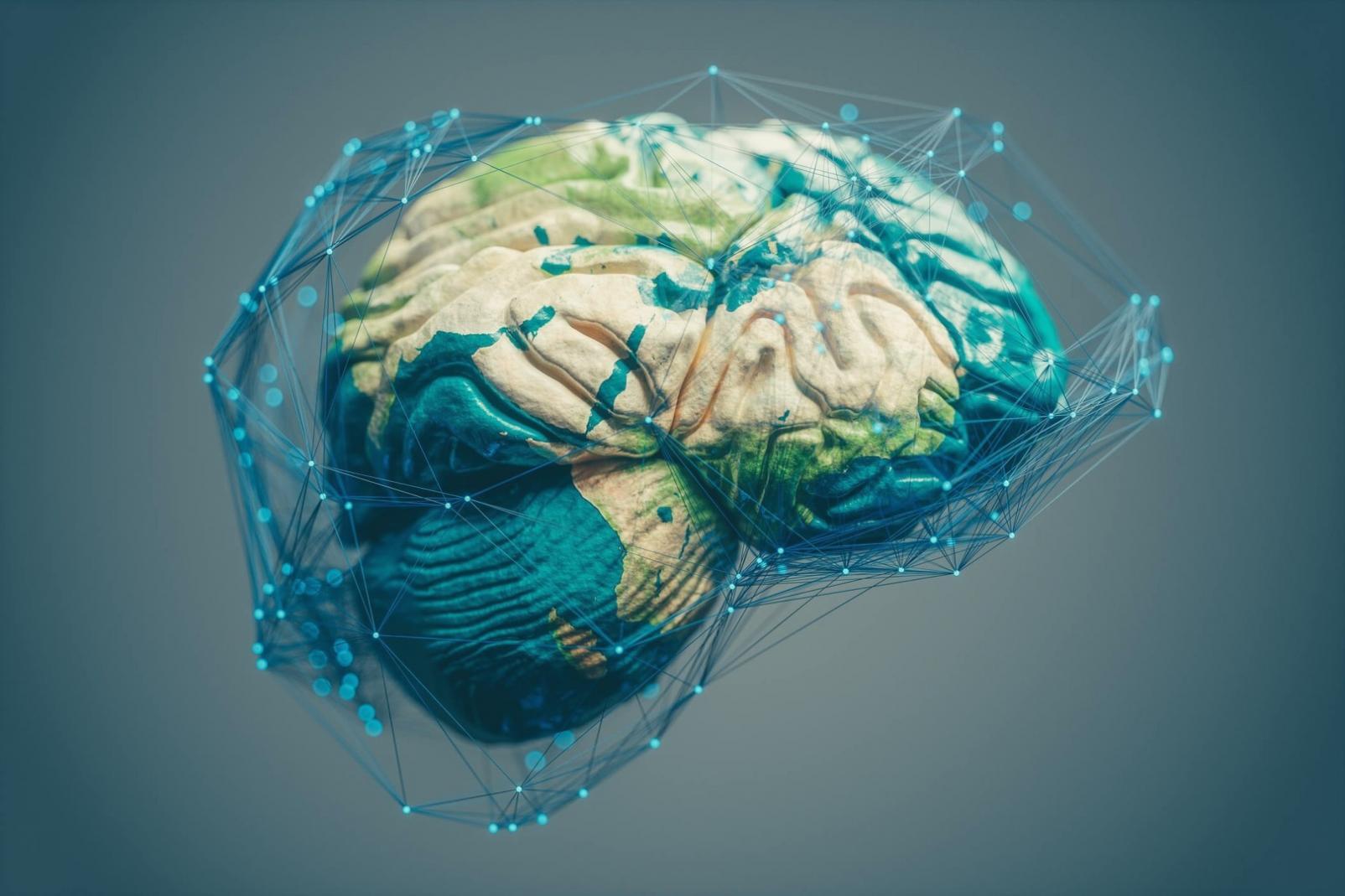 Neural network architecture visualization showing interconnected layers and data flow patterns